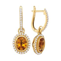 1.44 CTW Oval Citrine Diamond Dangle Hoop Earrings 14KT Yellow Gold - REF-104X9Y