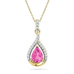 1.65 CTW Pear Created Pink Sapphire Solitaire Diamond Pendant 10KT Yellow Gold - REF-18X7Y