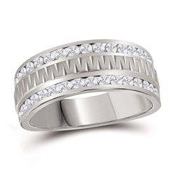 1 CTW Mens Channel-set Diamond Grecco Textured Double Row Ring 14KT White Gold - REF-132M2H