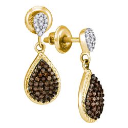 0.50 CTW Cognac-brown Color Diamond Teardrop Dangle Earrings 10KT Yellow Gold - REF-24X2Y