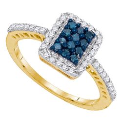 0.45 CTW Blue Color Diamond Rectangle Cluster Ring 10KT Yellow Gold - REF-24K2W