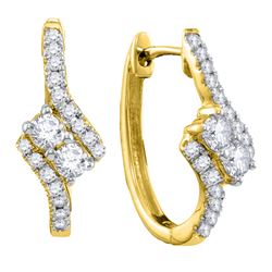 0.50 CTW Diamond 2-stone Hearts Together Bypass Hoop Earrings 14KT Yellow Gold - REF-52X4Y