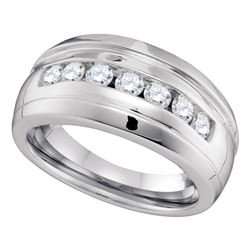 0.78 CTW Mens Channel-set Diamond Ridged Wedding Ring 10KT White Gold - REF-67F4N