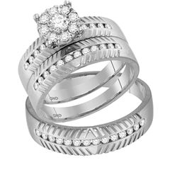 0.75 CTW His & Hers Diamond Cluster Matching Bridal Ring 14KT White Gold - REF-131M2H