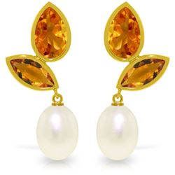 Genuine 16 ctw Pearl & Citrine Earrings Jewelry 14KT Yellow Gold - REF-42T2A