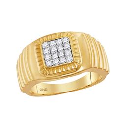 0.45 CTW Mens Diamond Square Cluster Ribbed Ring 10KT Yellow Gold - REF-57N2F