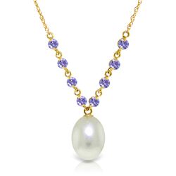 Genuine 5 ctw Pearl & Tanzanite Necklace Jewelry 14KT Yellow Gold - REF-34P3H