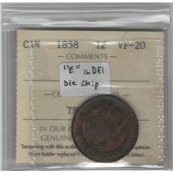 Canada 1858 Large Cent "E" of DEI die chip. ICCS VF20