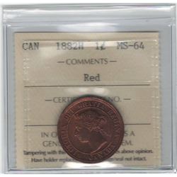 Canada 1882H Large Cent Obverse 2 ICCS MS64 Red