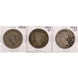 Lot of 1934, 1934-D, & 1934-S $1 Peace Silver Dollar Coins