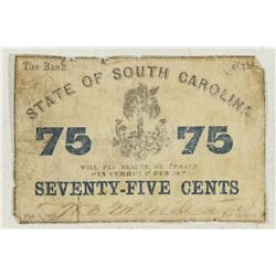 1863 STATE OF SOUTH CAROLINA 75 CENT OBSOLETE BANK