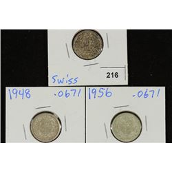 1942,48 & 56 SWISS SILVER 1/2 FRANCS .2013 OZ. ASW