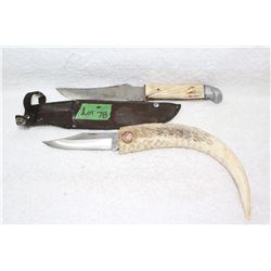 2 Antler Handle Knives - 1 with Sheath