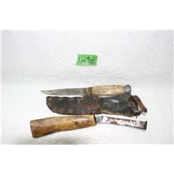 2 Vintage Knives - Bone & Antler Handle - 1 with Sheath