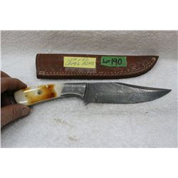 Damascus Hunting Knife - Bone Handle - Leather Case