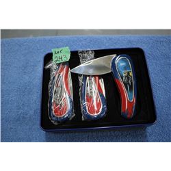 3 Folding Collector Knives - Stainless - Made in China - in a Tin Box