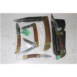 6 Wood & Bradd Lockblade Knives - 1 has a Sheath