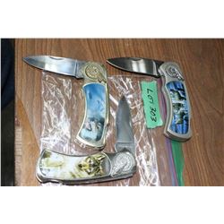 3 Collector Knives w/Wolf Pictured Handles