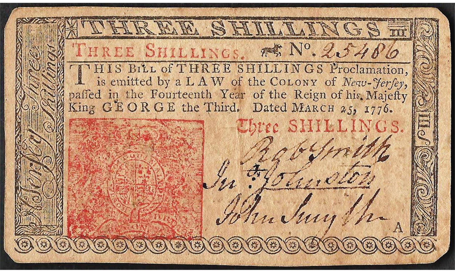 March 25, 1776 New Jersey Three Shillings Colonial Currency Note