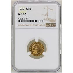 1929 $2 1/2 Indian Head Quarter Eagle Gold Coin NGC MS62