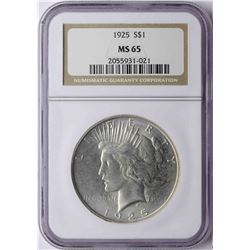 1925 $1 Peace Silver Dollar Coin NGC MS65