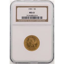 1901 $5 Liberty Head Half Eagle Gold Coin NGC MS61