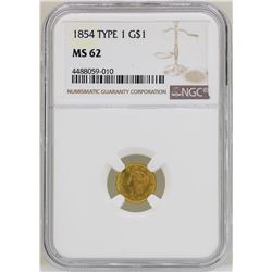 1854 $1 Liberty Head Type 1 Gold Dollar Coin NGC MS62