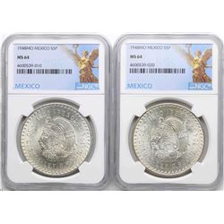 Lot of (2) 1948 Mexico 5 Pesos Cuauhtemoc Silver Coins NGC MS64