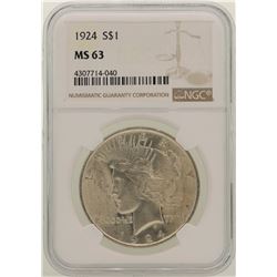 1924 $1 Peace Silver Dollar Coin NGC MS63