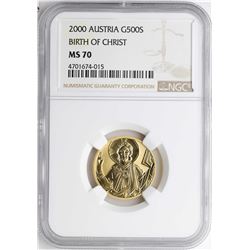 2000 Austria 500 Schillings Birth of Christ Gold Coin NGC MS70