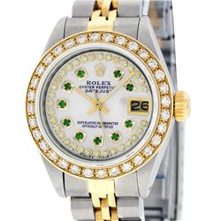 Rolex Ladies Two Tone 14K MOP Emerald String Diamond Datejust Wristwatch