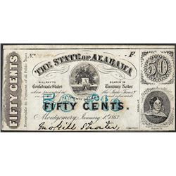 1863 Fifty Cents The State of Alabama Obsolete Note