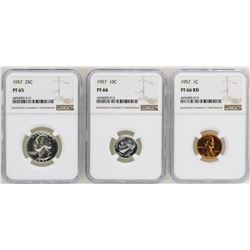 Lot of 1957 Proof Quarter NGC PF65, Dime NGC PF66, & Cent NGC PF66RD Coins