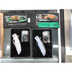 4 New Folding Knives - 2 with Lighters