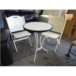 Metal Base Patio Table & 2 Wood Folding Chairs