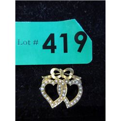 Antique 15KT Gold Seed Pearl Double Heart Pendant