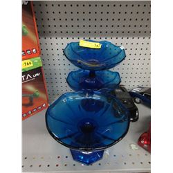 3 Blue Glass Fruit Bowls
