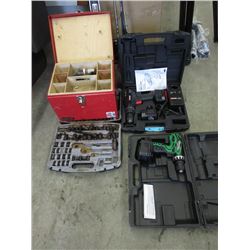 2 Cordless Drills, Impact Socket Set & Tool Box