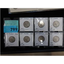 Seven Canadian War Time Silver Quarters 1939-1945