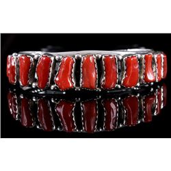 Signed Navajo Heavy Sterling & Branch Coral Cuff