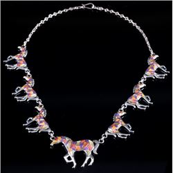 Signed Zuni Sterling Inlaid Mosaic Horse Necklace