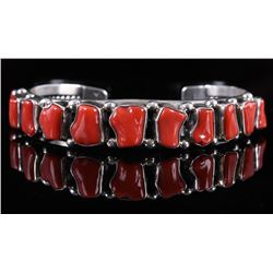 Signed Navajo Heavy Sterling & Branch Coral Cuff