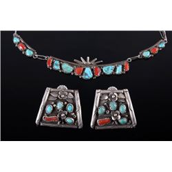 Navajo Turquoise & Coral Old Pawn Jewelry Set