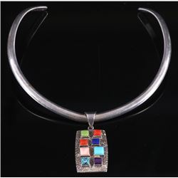 Signed Navajo Inlaid Multi-Stone Collar Necklace