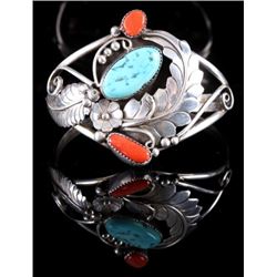 Signed Navajo Floral Sterling & Multistone Cuff