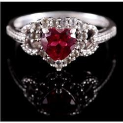 Sterling Silver, Heart Cut Ruby, & Diamond Ring