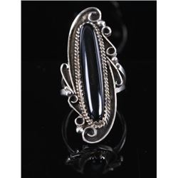 Signed Navajo Sterling & Onyx Cabochon Ring