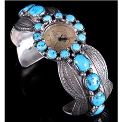 Signed Navajo Turquoise & Engraved Sterling Watch