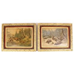 Early Deer Hunt Lithographs in Gilded Frames