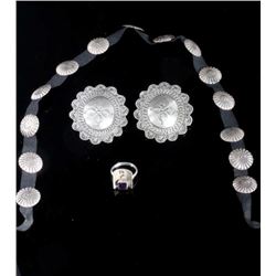 Sterling Silver Concho Hat band, Earrings and Ring